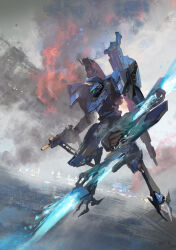 Rule 34 | armored core, armored core vi: fires of rubicon, double blade, energy blade, full body, green eyes, gun, handgun, highres, holding, holding gun, holding weapon, mecha, mecha focus, midair, miso katsu, missile pod, no humans, outdoors, reverse-jointed legs, robot, science fiction, smoke, steel haze, thrusters, weapon