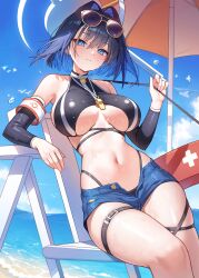1girl absurdres beach beach_umbrella bikini black_bikini blue_eyes blue_hair blue_sky breasts chair cloud day denim denim_shorts esseppd eyewear_on_head hair_intakes halo highres hololive hololive_english large_breasts lifeguard lifeguard_chair navel ocean open_fly ouro_kronii outdoors short_shorts shorts sky solo stomach sunglasses swimsuit umbrella virtual_youtuber whistle whistle_around_neck
