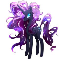 Rule 34 | animal, animal focus, black skin, blue eyes, blue sclera, closed mouth, colored sclera, colored skin, commentary, cutie mark, diamond-shaped pupils, diamond (shape), english commentary, full body, long hair, looking at viewer, my little pony, my little pony: friendship is magic, my little pony (idw), nightmare rarity, no humans, purple hair, purple tail, quizia, rarity (my little pony), simple background, smile, solo, sparkle, symbol-shaped pupils, unicorn, very long hair, wavy hair, white background