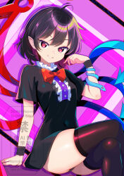 1girl ahoge asymmetrical_wings black_dress black_hair black_panties black_thighhighs blue_wings buttons center_frills crossed_legs dress frills harakune_(mugennero) highres houjuu_nue looking_at_viewer nue_day panties pink_background pointy_ears red_eyes red_wings short_hair short_sleeves smile snake solo thighhighs touhou underwear wings zettai_ryouiki