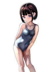1girl absurdres bare_shoulders black_hair blue_eyes blue_one-piece_swimsuit blush breasts closed_mouth collarbone covered_navel emutsuichi highres looking_at_viewer navel one-piece_swimsuit original school_swimsuit short_hair simple_background small_breasts smile solo swimsuit white_background