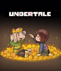1boy 1other asriel_dreemurr barefoot black_pants blue_sweater brown_hair copyright_name frisk_(undertale) goat_boy green_sweater head_wreath pants sitting smile sweater terada_tera undertale