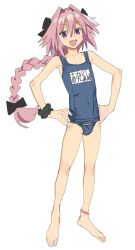 1boy :d absurdres astolfo_(fate) bare_arms bare_legs bare_shoulders barefoot black_bow blue_one-piece_swimsuit blush_stickers bow braid bulge character_name collarbone fang fate/apocrypha fate_(series) full_body hair_between_eyes hair_bow hands_on_own_hips highres imamura_ryou long_braid long_hair looking_at_viewer male_focus multicolored_hair name_tag old_school_swimsuit one-piece_swimsuit open_mouth pink_hair purple_eyes revision school_swimsuit school_swimsuit_flap scrunchie simple_background single_braid sketch skin_fang smile solo standing streaked_hair swimsuit trap two-tone_hair very_long_hair white_background white_hair wrist_scrunchie
