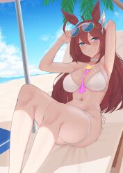 Rule 34 | 1girl, absurdres, ahoge, animal ears, armpits, aviator sunglasses, bare shoulders, beach, bikini, blue eyes, blush, breasts, brown hair, chair, choker, cloud, commentary, ear ornament, english commentary, eyewear on head, feet out of frame, hair ornament, hairband, hairclip, highleg, highleg bikini, highres, horse ears, horse girl, leaning back, legs, long hair, looking at viewer, lounge chair, medium breasts, mihono bourbon (umamusume), nail polish, navel, necktie, necropoi, ocean, open mouth, outdoors, palm tree, parted lips, pink nails, pink necktie, side-tie bikini bottom, sitting in shadow, solo, sunglasses, sweat, swimsuit, thigh strap, toned, tree, umamusume, white bikini, white choker