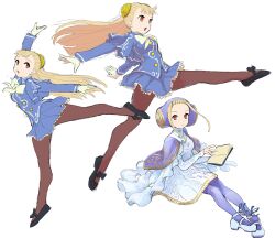 Rule 34 | 1girl, absurdres, black shoes, blonde hair, book, bow, brown pantyhose, capcom fighting jam, dress, gloves, hairpods, highres, ingrid (capcom), long hair, long sleeves, mary janes, multiple views, open mouth, pantyhose, purple pantyhose, red eyes, sekichuu (unholywars12), shoes, sitting, sketch, skirt, solo, street fighter, street fighter 6, street fighter zero (series), white bow, white dress, white gloves, white shoes