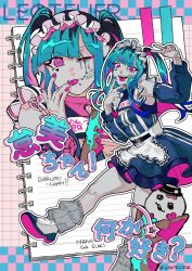 1girl absurdres alternate_costume amemiya_darumi apron artist_name black_hair blue_background blue_hair double_v face_piercing female_focus fingernails full_body grey_leg_warmers heart highres japanese_text leg_warmers leotelier lip_piercing long_hair looking_at_viewer maid maid_apron maid_headdress makeup multiple_expressions notebook open_mouth piercing pink_background pink_eyes runny_makeup scar signature sirei_(hundred_line) teeth the_hundred_line_-last_defense_academy- tongue translation_request twintails upper_teeth_only v
