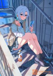 1girl black_necktie black_shoes black_skirt black_socks blue_eyes blue_hair blue_sky bottle brown_sweater_vest cellphone collared_shirt day grey_hair highres holding holding_phone juice looking_at_viewer multicolored_hair necktie original outdoors parted_lips phone pleated_skirt railing sakatsuki_yakumo school_uniform shirt shoes sitting skirt sky smartphone socks solo sunlight sweater_vest thighs two-tone_hair watermark white_shirt