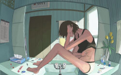 1girl absurdres amamoto_air barefoot bathroom brown_hair calendar_(object) commentary feet flower from_side highres mirror original scratches short_hair sink solo tissue_box toothbrush towel yellow_flower