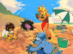 1boy 1other 2girls ^_^ alternate_costume animal_ears artist_name beach beach_towel beach_umbrella berdly_(deltarune) bird_boy blonde_hair blue_sky blush brown_hair bucket buried_in_sculpted_sand closed_eyes colored_skin day deer_ears deer_girl deltarune eggpathy furry furry_female furry_male glasses grin group_picture highres holding holding_phone hooves horns kris_(deltarune) multiple_girls noelle_holiday open_mouth outdoors phone pink_skin red_sarong sand sarong short_hair sky smile squatting standing susie_(deltarune) taking_picture towel umbrella utdr_(toby_fox)