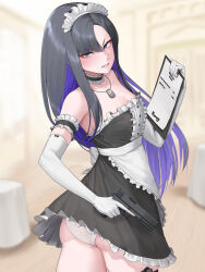 Rule 34 | 1girl, alternate costume, annoyed, apron, ass, bare shoulders, black hair, blush, breasts, dress, elbow gloves, eunhwa (nikke), gloves, goddess of victory: nikke, gun, handgun, headdress, long hair, looking at viewer, maid, maid apron, maid headdress, multicolored hair, noorung, panties, parted lips, purple eyes, purple hair, skirt, small breasts, solo, thick thighs, thighhighs, thighs, two-tone hair, underwear, very long hair, weapon