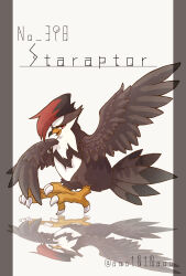 absurdres animal_focus arm_up bird character_name eyelashes floating full_body gen_4_pokemon highres looking_at_viewer nintendo no_humans open_mouth pokedex_number pokemon pokemon_(creature) red_eyes reflective_floor siraai_nui solo staraptor talons twitter_username