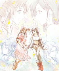 3mame_000_185 4girls aerith_gainsborough bangle bare_shoulders black_bra black_gloves black_hair black_skirt black_thighhighs boots bra bracelet braid braided_ponytail breasts brown_footwear brown_hair choker collared_shirt crop_top cropped_jacket dress earrings elbow_gloves elmyra_gainsborough final_fantasy final_fantasy_vii final_fantasy_vii_remake fingerless_gloves flower_choker full_body gloves green_eyes hair_bun hair_ribbon ifalna jacket jewelry large_breasts leaning_forward long_dress medium_breasts midriff mother_and_daughter multiple_girls open_mouth parted_bangs pink_dress pink_ribbon pleated_skirt red_footwear red_jacket ribbon shirt short_sleeves sidelocks sitting skirt sleeveless sleeveless_shirt smile sports_bra suspenders thighhighs tifa_lockhart underwear upper_body white_shirt