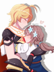 1boy 1girl absurdres aether_(genshin_impact) ahoge artist_name blonde_hair braid braided_ponytail brown_hair closed_eyes commentary direidyth_(genshin_impact) english_commentary flower genshin_impact gloves hair_flower hair_ornament highres hug long_hair low_ponytail neonfc4 ponytail scarf shirt short_sleeves simple_background single_braid twitter_username upper_body white_background white_scarf white_shirt