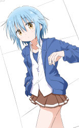Rule 34 | 1girl, absurdres, blue hair, blue jacket, blue shirt, blush, brown eyes, brown skirt, closed mouth, collared shirt, comic girls, commentary request, cowboy shot, cynical (llcbluckg c004), hair between eyes, hand in pocket, highres, jacket, katsuki tsubasa, long sleeves, looking at viewer, miniskirt, open clothes, open jacket, pleated skirt, school uniform, shirt, short hair, sidelocks, signature, skirt, solo, standing, undershirt, untucked shirt, white background, white shirt