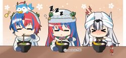 Rule 34 | 1boy, 1other, 2girls, antlers, aqua fur, black choker, blue gloves, bowl, choker, chopsticks, crossed bangs, deer antlers, eating, facing viewer, fake antlers, female alear (fire emblem), female alear (gifted dragons) (fire emblem), fire emblem, fire emblem engage, fire emblem heroes, food, fur trim, fur wrist cuffs, gloves, hair ornament, highres, horns, komurice, male alear (fire emblem), male alear (gifted dragons) (fire emblem), multicolored hair, multiple girls, nintendo, noodles, ramen, sommie (fire emblem), split-color hair, two-tone fur, two-tone hair, veyle (fire emblem), wavy hair, white fur, wing hair ornament, wrist cuffs