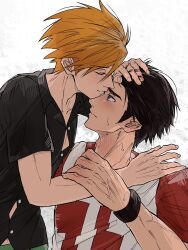 2boys black_hair black_shirt blush brown_hair closed_eyes closed_mouth collarbone collared_shirt commentary_request crew_neck green_(pokemon) green_pants hand_on_another&#039;s_arm hand_on_another&#039;s_head highres kiss kissing_forehead looking_at_another looking_up male_focus multiple_boys nintendo open_collar pants pokemon pokemon_sm print_shirt profile red_(pokemon) shirt short_hair short_sleeves sideburns sinm_i smile sweat t-shirt upper_body veins veiny_hands white_background wing_collar yaoi
