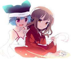 2girls aimee_petrescu animal_hat aqua_hair brown_eyes brown_hair cat_hat creator_connection fatalizer_(manga) hat hiyo_kotori holding holding_mahjong_tile japanese_clothes kimono long_hair mahjong mahjong_tile mihirogi_uta multiple_girls red_eyes red_kimono saki_(manga) short_hair smile tank_top