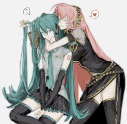 Rule 34 | 2girls, ?, adapted costume, aqua eyes, aqua hair, aqua nails, aqua trim, arm around neck, arm tattoo, armband, baejaan0, belt, belt buckle, bent over, black boots, black shirt, black thighhighs, blue eyes, boots, breasts, buckle, closed mouth, collared shirt, cowboy shot, detached sleeves, empty eyes, frilled shirt, frilled shirt collar, frills, frown, gold trim, grin, hair between eyes, hand in another&#039;s hair, hatsune miku, headset, heart, high collar, highres, invisible chair, large breasts, long hair, long skirt, long sleeves, looking at viewer, loose belt, megurine luka, midriff peek, multiple girls, navel, number tattoo, one eye closed, pale skin, pink hair, pleated skirt, see-through clothes, see-through sleeves, serious, shirt, short sleeves, side slit, sidelocks, single detached sleeve, sitting, skirt, small breasts, smile, spoken heart, spoken question mark, standing, tattoo, thigh boots, thighhighs, twintails, very long hair, vocaloid, white background, wing collar, yellow belt, zettai ryouiki