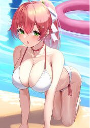 1girl absurdres ahoge all_fours arisugawa_ya bare_shoulders bent_over bikini blush bow breasts choker cleavage collarbone commentary_request flower flower_necklace green_eyes hair_between_eyes hair_bow hair_ornament hairclip highres hololive jewelry large_breasts long_hair looking_at_viewer necklace open_mouth pink_choker pink_hair pink_innertube ponytail pool poolside sakura_miko side-tie_bikini_bottom solo swim_ring swimsuit very_long_hair virtual_youtuber water wet white_bikini