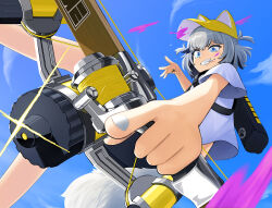 1girl animal_ear_headwear belt black_belt black_shorts black_streaks blue_eyes cloud commentary crossed_bangs dog_girl dog_tail dutch_angle english_commentary fake_animal_ears fang feet_out_of_frame fishing_line fishing_rod grey_hair grey_nails grin hand_up hat highres holding holding_fishing_rod index_finger_raised itsumeee3 kmnz lollipop_in_mouth looking_down mouth_hold multicolored_hair paint_splatter paint_splatter_on_face shirt short_hair short_sleeves shorts sky smile solo streaked_hair sweat t-shirt tail teeth teeth_hold tina_(kmnz) virtual_youtuber white_shirt yellow_hat