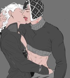 2boys aaagiogio abs braid closed_eyes coat collared_coat colored_eyelashes commentary couple cowboy_shot cropped_shirt ear_piercing earrings french_kiss giorno_giovanna grey_background guido_mista hand_in_another&#039;s_hair hand_in_another&#039;s_pants hat hickey highres jewelry jojo_no_kimyou_na_bouken kiss long_hair long_sleeves male_focus midriff multiple_boys navel open_mouth patterned_clothing piercing popped_collar profile simple_background single_braid stud_earrings symbol-only_commentary tongue tongue_out vento_aureo yaoi