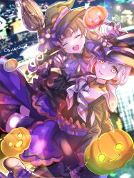 &gt;_o 2girls :d ^_^ black_dress black_hat black_thighhighs bow bowtie broom broom_riding brown_hair cleavage_cutout closed_eyes clothing_cutout color-coded commentary_request dress fang fishnet_thighhighs fishnets fujishima_megumi hat highres hinoshita_kaho jack-o&#039;-lantern link!_like!_love_live! long_hair long_sleeves love_live! multiple_girls murano_sayaka neck_ribbon objectification official_alternate_costume one_eye_closed open_mouth osawa_rurino otomune_kozue outdoors parted_lips purple_bow purple_bowtie purple_ribbon purple_shorts red_eyes ribbon sakari_(pear_8_ll) short_shorts shorts smile song_name thighhighs trick_&amp;_cute_(love_live!) virtual_youtuber witch_hat yugiri_tsuzuri