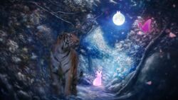 Rule 34 | animal, bug, butterfly, dated commentary, full moon, highres, insect, moon, night, no humans, original, outdoors, rabbit, realistic, scenery, tiger, tree, zaq (pgvc4472)