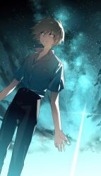 Rule 34 | 1boy, absurdres, belt, black belt, black pants, blue sky, constricted pupils, cross, dutch angle, evil eyes, formal clothes, grey hair, grin, highres, long legs, looking afar, male focus, mamiya takuji, night, night sky, outdoors, pants, scene reference, shirt, short hair, short sleeves, sky, smile, solo, star (sky), starry sky, subarashiki hibi, white eyes, white shirt, yexinhan