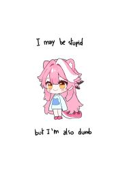1girl animal_ears blue_shirt blush chibi chibi_only closed_mouth commentary english_commentary english_text extra_ears hair_intakes hololive hololive_english long_hair long_sleeves multicolored_hair panther_ears panther_girl panther_tail pink_hair pink_slippers raora_panthera raora_panthera_(artist) revision self-portrait shirt simple_background sleeves_past_fingers sleeves_past_wrists slippers smile solo streaked_hair tail thighs two-tone_hair virtual_youtuber white_background white_hair yellow_eyes