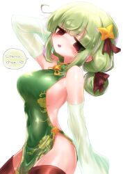1girl araga_kiwi blush breasts china_dress chinese_clothes double_bun dress green_hair hair_bun highres kyuusui_gakari large_breasts leoparde_(mahou_shoujo_ni_akogarete) long_hair looking_at_viewer mahou_shoujo_ni_akogarete mole mole_under_eye no_bra no_panties open_mouth sideboob sideless_outfit simple_background smile solo thighhighs