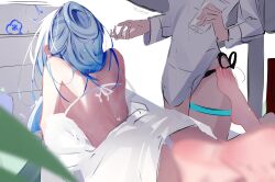 2girls absurdres back barefoot bikini blue_hair blurry blurry_foreground blush bottle commentary dated ear_blush english_commentary feet highres holding holding_bottle honkai:_star_rail honkai_(series) jingliu_(honkai:_star_rail) long_hair lotion lying multiple_girls on_stomach shoulder_blades stelle_(honkai:_star_rail) sunscreen swimsuit thigh_strap toes trailblazer_(honkai:_star_rail) trembling voi_271 white_bikini