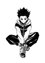 1boy absurdres aosuna black_hair crossed_legs gon_freecss highres hood hoodie hunter_x_hunter light_smile looking_at_viewer monochrome pants shoes simple_background sitting sneakers spiked_hair white_background