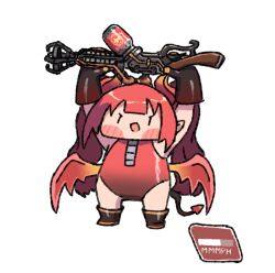 1girl :d arms_up black_boots black_gloves blush_stickers boots chibi commission demon_horns demon_tail demon_wings flamethrower full_body genderswap genderswap_(otf) gloves highres holding holding_flamethrower holding_weapon horns leotard long_hair open_clothes open_mouth pyro_(tf2) red_hair red_leotard red_pyro_(tf2) smile solo tail team_fortress_2 twintails v-shaped_eyebrows very_long_hair weapon wersman wings zipper |_|