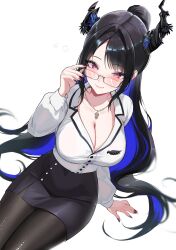 1girl absurdres asymmetrical_horns black_hair black_skirt blue_hair blush breasts cleavage colored_inner_hair crystal_horns demon_horns dress_suit flower hair_ornament highres hololive hololive_english horn_flower horns jewelry large_breasts leather_skirt long_hair looking_at_viewer mole mole_under_eye multicolored_hair nerissa_ravencroft nerissa_ravencroft_(casual) office_lady official_alternate_costume pantyhose pencil_skirt red_eyes shirt skirt smile solo two-tone_hair uneven_horns very_long_hair virtual_youtuber white_shirt yuiinn14563