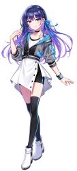 1girl bike_shorts black_thighhighs boots full_body gradient_hair hair_ribbon high_heel_boots high_heels highres idolmaster idolmaster_va-liv jacket kamizuru_cosmo long_hair looking_at_viewer morikura_en multicolored_hair official_art purple_eyes purple_hair ribbon solo tachi-e tank_top thighhighs virtual_youtuber white_background wristband