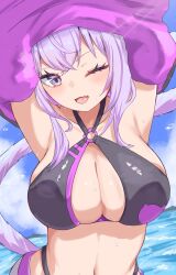 1girl bikini black_bikini breasts cat_girl cat_tail cleavage earl_grey_no_chaba highres hololive large_breasts navel nekomata_okayu ocean purple_eyes purple_hair purple_tail solo swimsuit tail undressing upper_body virtual_youtuber water