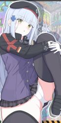 1girl :o absurdres beret black_hat black_jacket black_shoes black_thighhighs cameltoe clover_hair_ornament cross crotch_seam german_flag girls&#039;_frontline gloves graffiti green_eyes grey_hair hair_ornament hat highres hk416_(girls&#039;_frontline) iron_cross jacket long_hair long_sleeves looking_at_viewer miniskirt multicolored_jacket panties parted_lips plaid_clothes plaid_skirt pleated_skirt purple_jacket shoes skirt thighhighs two-tone_jacket uchikata_takeaki underwear white_gloves white_panties