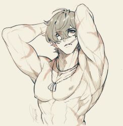 Rule 34 | 1boy, abs, armpits, arms behind head, arms up, cigarette, commentary, crossed bangs, dog tags, double-parted bangs, english commentary, eyes visible through hair, greyscale, lighter (zenless zone zero), looking at viewer, male focus, monochrome, multiple scars, muscular, muscular male, nipples, nude, parted lips, pectorals, photo-referenced, puru (puruling), scar, scar on arm, scar on shoulder, short hair, signature, solo, teeth, zenless zone zero