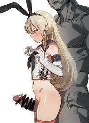1boy 1girl bad_id bad_pixiv_id bare_shoulders black_hairband blonde_hair blush bottomless bow_(bhp) censored elbow_gloves erection from_side gloves grey_eyes hairband hetero kantai_collection long_hair manly navel penis shimakaze_(kancolle) shirt simple_background sleeveless sleeveless_shirt solo_focus thigh_sex white_background white_gloves white_shirt