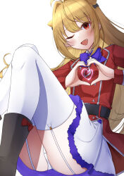 1girl absurdres ahoge belt black_belt black_boots blonde_hair boots bow bowtie cone_hair_bun fang footwear_bow garter_straps hair_bun hair_intakes heart heart_hands highres hikikomari_kyuuketsuki_no_monmon jacket knees_up long_hair one_eye_closed open_mouth panties pantyshot purple_bow purple_bowtie purple_trim red_bow red_eyes red_jacket simple_background sitting skirt solo terakomari_gandezblood thighhighs underwear user_tyad4272 white_background white_garter_straps white_panties white_skirt white_thighhighs