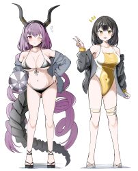 2girls absurdres arknights ball beachball black_hair black_sandals blush breasts brown_one-piece_swimsuit closed_mouth flying_sweatdrops gluteal_fold grey_jacket hand_on_own_hip highres holding holding_ball horns jacket large_breasts long_hair long_sleeves low_twintails magallan_(arknights) medium_breasts multicolored_hair multiple_girls notice_lines off_shoulder one-piece_swimsuit one_eye_closed open_clothes open_jacket puffy_long_sleeves puffy_sleeves purple_hair red_eyes sandals simple_background spam_(spamham4506) standing streaked_hair swimsuit twintails typhon_(arknights) very_long_hair white_background white_hair white_sandals
