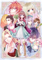 Rule 34 | 1girl, 6+boys, ani inako, black hair, blue dress, blue eyes, blunt bangs, boots, border, brown boots, cape, carrot, chrom rem, dame x prince, dress, earrings, feather boa, food, gurimaru, hairband, hand puppet, highres, holding, holding carrot, holding food, holding vegetable, jewelry, kyuaran, lolita hairband, mare selen el phiriazar, monocle, multiple boys, one eye closed, open mouth, pink cape, puppet, purple hair, riott wolte, sakusan (ch3cooh), theo colton, vegetable, vino von lomzard, white border