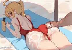 1boy 1girl ahoge anus ass back bare_arms beach beach_umbrella blonde_hair blush bottle clothing_aside grabbing_another&#039;s_ass groping highres looking_at_viewer looking_back lotion luciana_de_montefio lying on_stomach outdoors partially_visible_vulva ponytail red_eyes shoulder_blades sidelocks sunscreen swimsuit swimsuit_aside thighs umbrella yuibread zenless_zone_zero