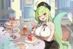 1girl absurdres ahoge arm_under_breasts artist_request black_hat blush breasts cake cake_slice collared_shirt commission cup drinking_glass food fork green_hair green_horns green_tail hand_up hat highres horns indoors large_breasts long_hair long_sleeves looking_at_viewer macaron on_chair one_eye_closed open_mouth original plate pointy_ears red_eyes second-party_source shirt sitting smile solo table tail v white_shirt