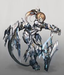 1girl aqua_eyes armor blue_eyes bodysuit breasts brown_hair digitigrade exoskeleton full_body grey_background hands_on_hilt highres hyemalequisetum leaning_forward long_hair looking_at_viewer mask mecha_musume mechanical_tail medium_breasts mouth_mask original planted planted_sword planted_weapon ponytail science_fiction skin_tight solo standing sword tail weapon