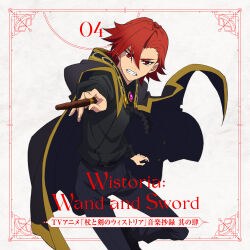 Rule 34 | 1boy, anime coloring, belt, black belt, black cloak, black shirt, brooch, clenched teeth, cloak, collared shirt, cowboy shot, grey pants, highres, holding, holding rod, jewelry, leg up, long bangs, long sleeves, looking at viewer, official art, ono sayaka, open mouth, outstretched arm, pants, reaching, reaching towards viewer, rod, shirt, simple background, sion ulster, solo, standing, teeth, tsue to tsurugi no wistoria, tsurime, v-shaped eyebrows, white background