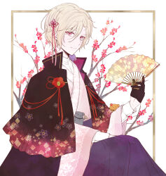 Rule 34 | 1boy, black cape, black gloves, blonde hair, branch, camellia, cape, corsage, curtained hair, dog, dress shirt, eyeliner, feet out of frame, floral print, flower, flower knot, folding fan, gloves, gradient clothes, hair between eyes, hair flower, hair ornament, hair ribbon, hakama, half gloves, hand fan, highres, holding, holding fan, japanese clothes, kimono, lace, lace-trimmed kimono, lace trim, long sleeves, looking at viewer, makeup, male focus, mecu prim, peach blossom, pink eyes, pink kimono, pink ribbon, purple hakama, red eyeliner, red flower, ribbon, sakuraba ryouta, shirt, short hair, sitting, solo, tsukino talent production, tsukipro, white background, white shirt