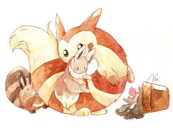 absurdres animal_focus black_eyes bright_pupils eevee full_body furret gen_1_pokemon gen_2_pokemon highres mouth_hold nintendo no_humans non_(kumakawayusu) painting_(medium) plant pokemon pokemon_(creature) potted_plant sentret simple_background traditional_media watercolor_(medium) white_background white_pupils