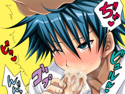 2boys blue_eyes blue_hair cum fellatio male_focus multiple_boys oral sakuraprin saliva shindou_kazuma simple_background tagme upper_body yaoi yellow_background