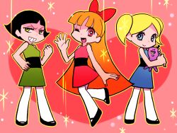 Rule 34 | 3girls, black hair, black shoes, blonde hair, blossom (ppg), blue dress, blue eyes, bow, bubbles (ppg), buttercup (ppg), commentary, dress, dress shoes, green dress, green eyes, grin, heart, heart background, long hair, multiple girls, nail polish, open mouth, orange hair, pantyhose, parted bangs, pink dress, pink eyes, powerpuff girls, red bow, shoes, siblings, side-by-side, sisters, smile, sparkle, striped clothes, striped dress, stuffed animal, stuffed toy, taneko (motitto092), twintails, very long hair, waving, white pantyhose